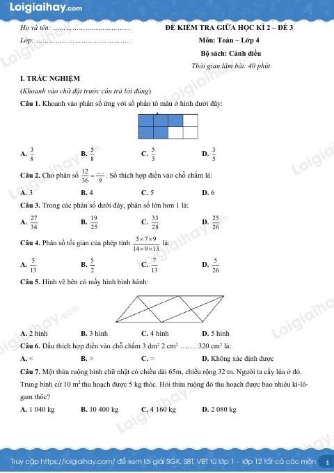 Đề kiểm tra giữa học kì 2 Toán 4 Cánh diều - Đề số 3